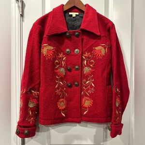 Carson Red Short Embroidered Wool Jacket, Size Small